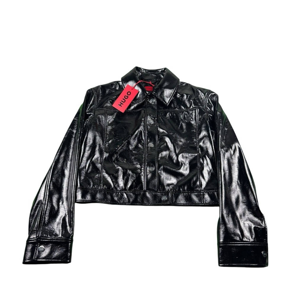 Hugo Boss Women's Black Faux Leather Aiota-1 Cropped Jacket Size 6 NWT